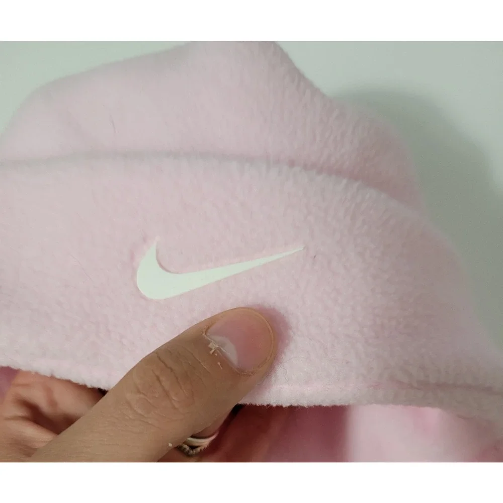 Nike Infant Baby Girls Pink Fleece Earflap Hat Mittens Set White Swoosh Winter